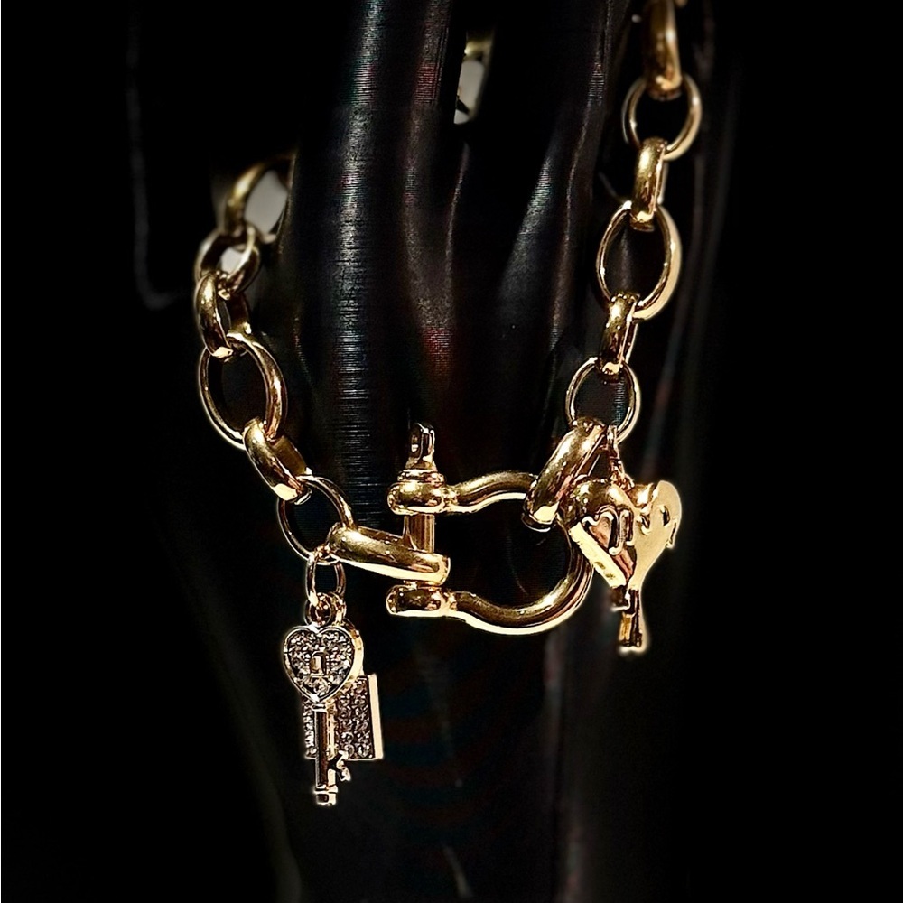 Gold Carabiner Charm Bracelet with Heart and Key